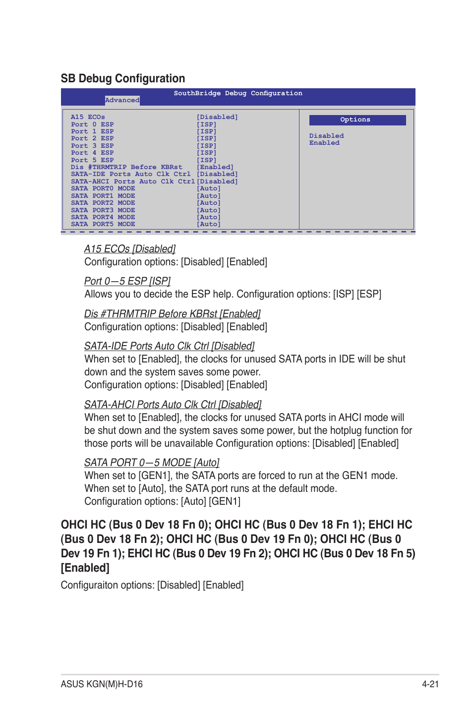 Sb debug configuration, Configuraiton options: [disabled] [enabled | Asus KGNH-D16 User Manual | Page 79 / 152