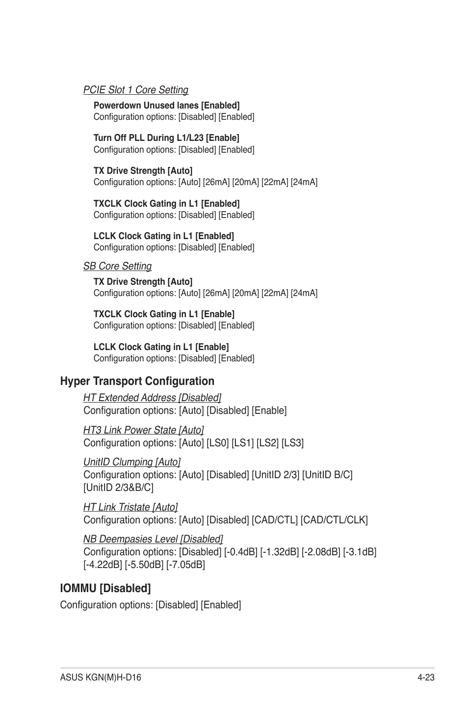 Hyper transport configuration, Iommu [disabled | Asus KGNH-D16 User Manual | Page 81 / 152