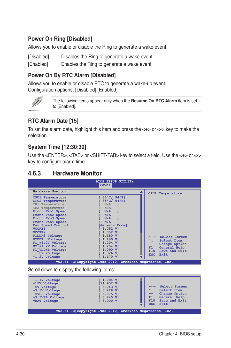 3 hardware monitor, Hardware monitor -30, Power on ring [disabled | Power on by rtc alarm [disabled, Rtc alarm date [15, Scroll down to display the following items, 30 chapter 4: bios setup | Asus KGNH-D16 User Manual | Page 88 / 152