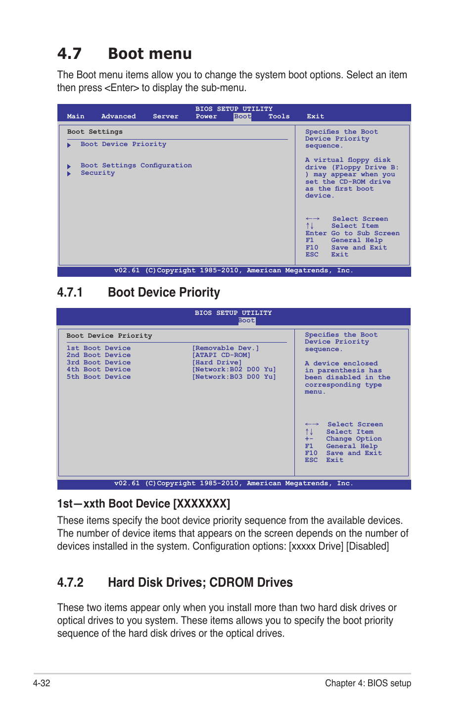 7 boot menu, 1 boot device priority, 2 hard disk drives; cdrom drives | Boot menu -32 4.7.1, Boot device priority -32, Hard disk drives; cdrom drives -32 | Asus KGNH-D16 User Manual | Page 90 / 152