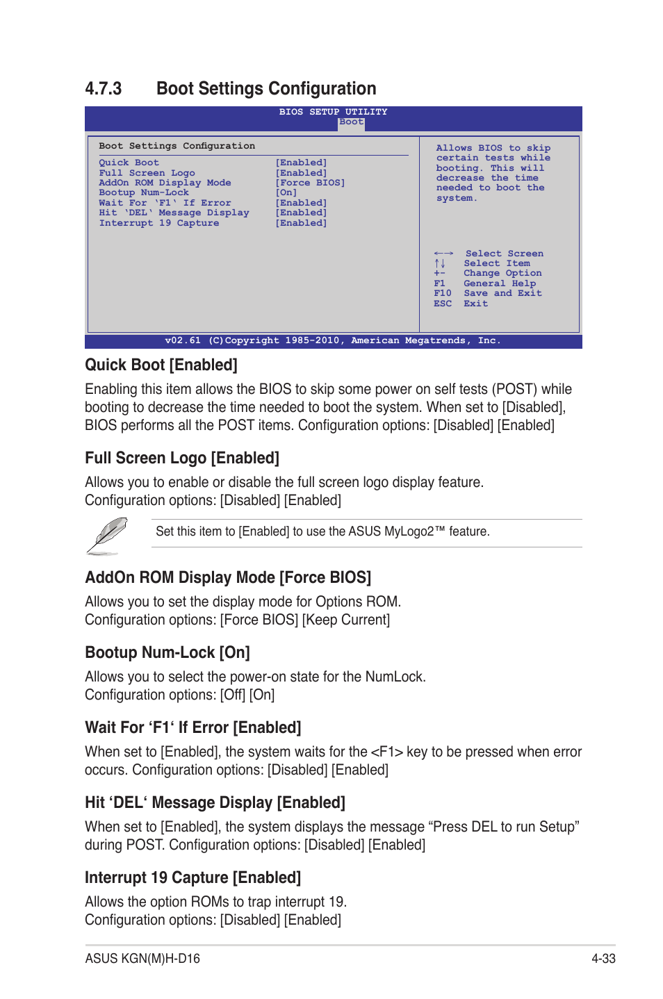 3 boot settings configuration, Boot settings configuration -33, Quick boot [enabled | Full screen logo [enabled, Addon rom display mode [force bios, Bootup num-lock [on, Wait for ‘f1‘ if error [enabled, Hit ‘del‘ message display [enabled, Interrupt 19 capture [enabled | Asus KGNH-D16 User Manual | Page 91 / 152