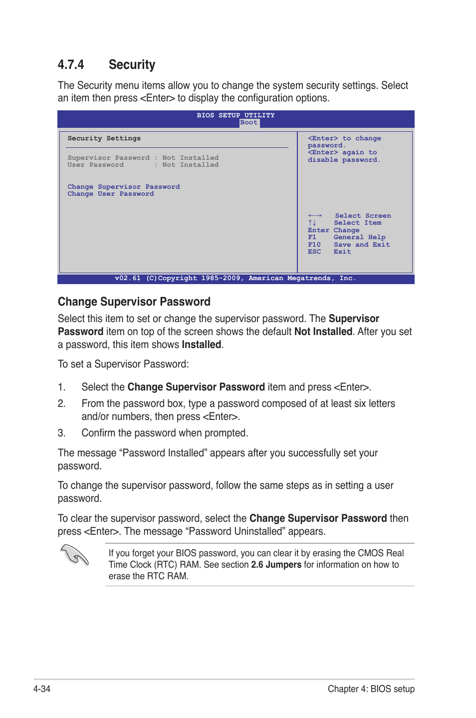 4 security, Security -34, Change supervisor password | Asus KGNH-D16 User Manual | Page 92 / 152