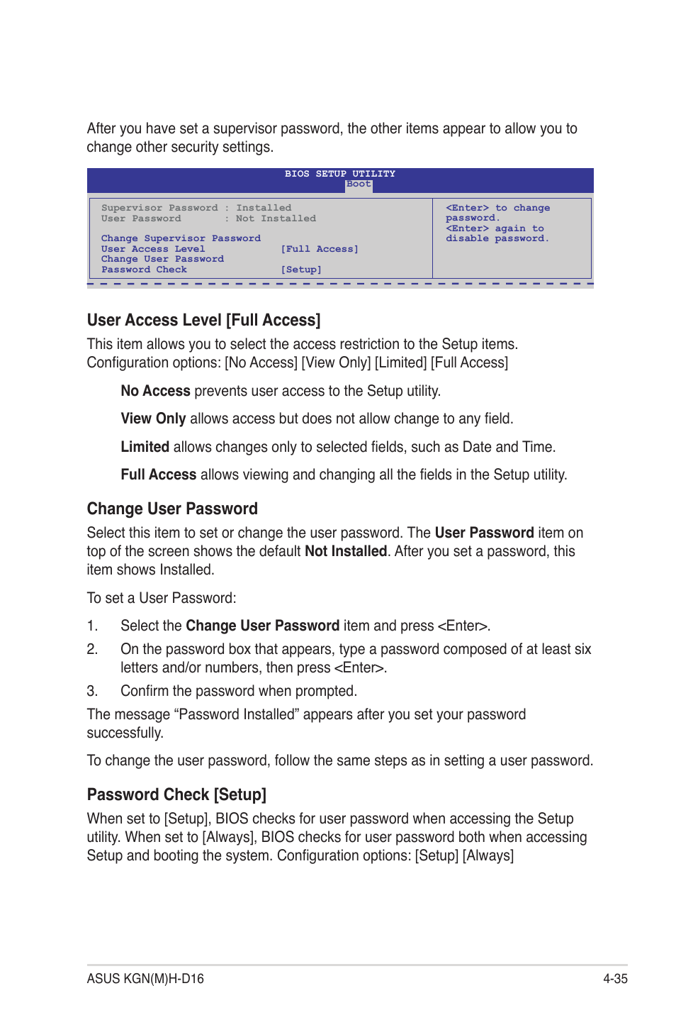 User access level [full access, Change user password, Password check [setup | Asus KGNH-D16 User Manual | Page 93 / 152