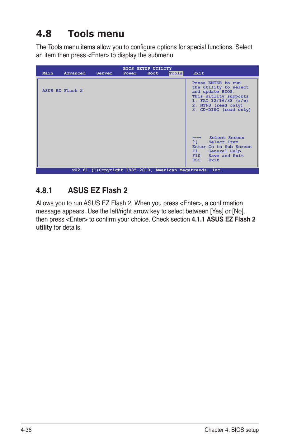 8 tools menu, 1 asus ez flash 2, Tools menu -36 4.8.1 | Asus ez flash 2 -36 | Asus KGNH-D16 User Manual | Page 94 / 152