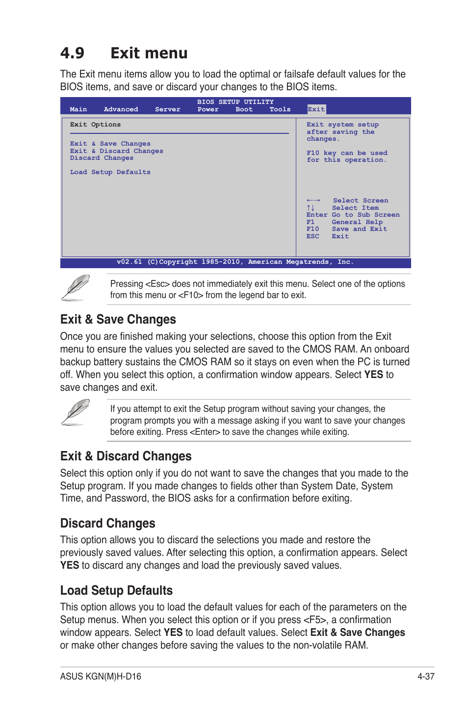 9 exit menu, Exit menu -37, Exit & save changes | Exit & discard changes, Discard changes, Load setup defaults | Asus KGNH-D16 User Manual | Page 95 / 152