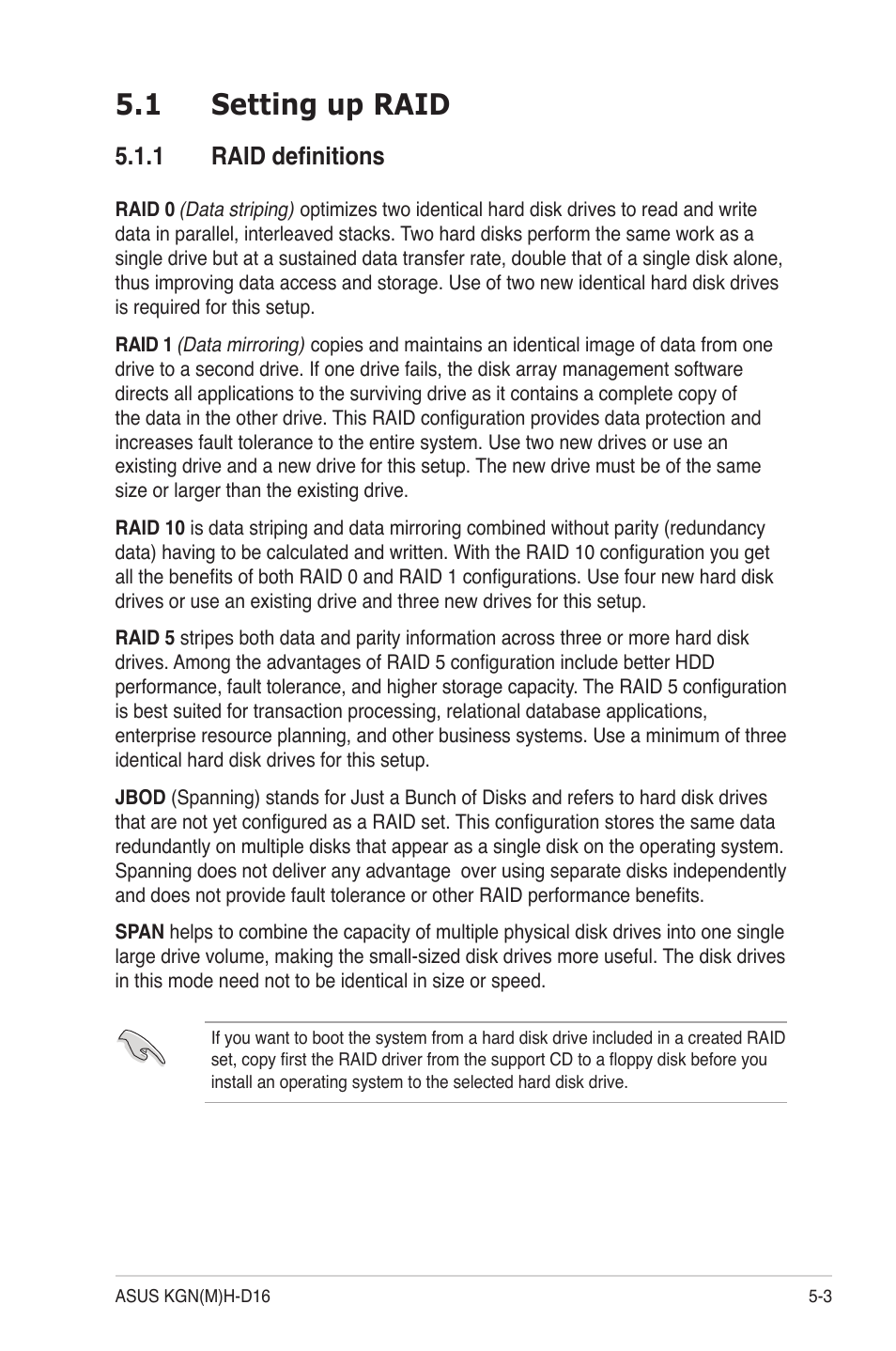 1 setting up raid, 1 raid definitions, Setting up raid -3 5.1.1 | Raid definitions -3 | Asus KGNH-D16 User Manual | Page 99 / 152