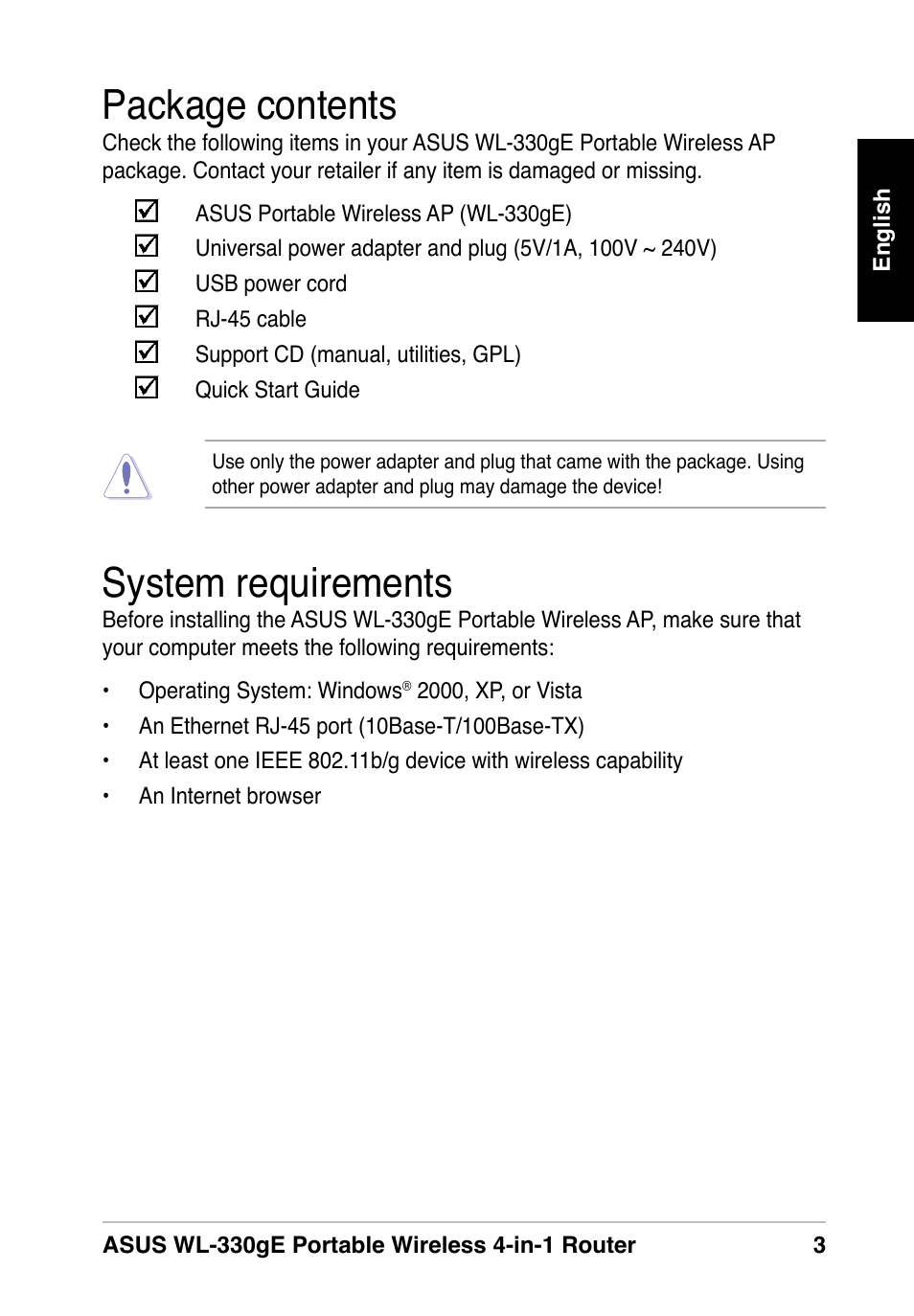 Package contents, System requirements | Asus WL-330gE User Manual | Page 3 / 10