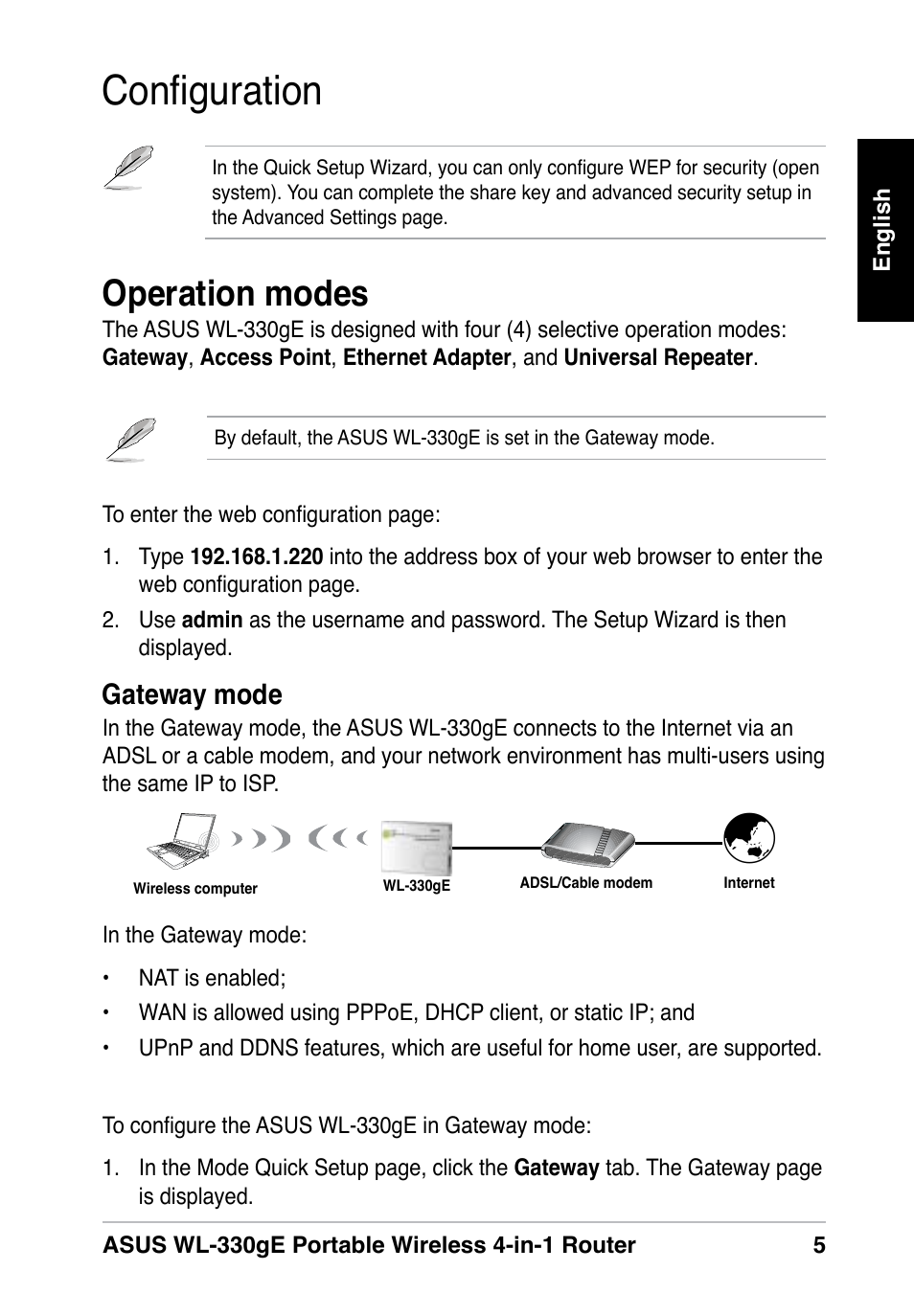 Configuration, Operation modes, Gateway mode | Asus WL-330gE User Manual | Page 5 / 10
