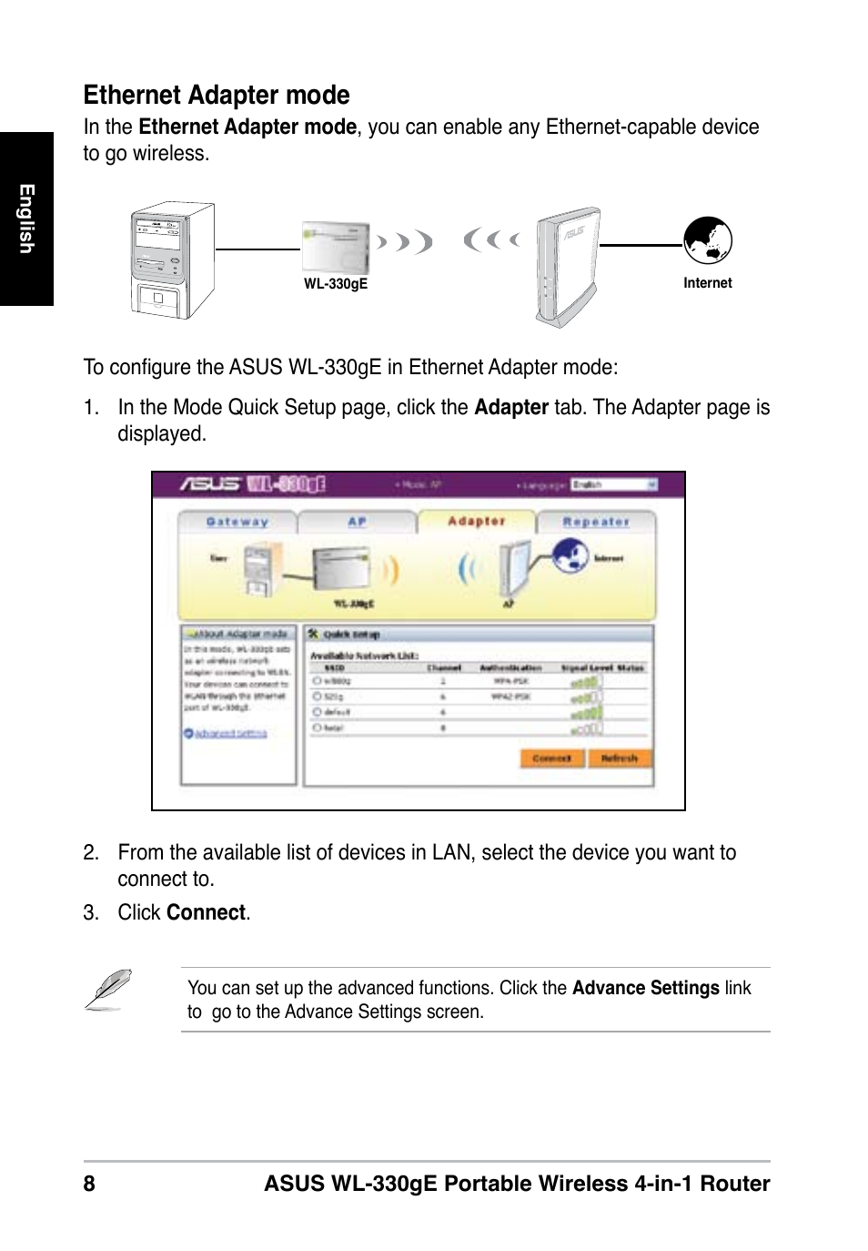 Ethernet adapter mode | Asus WL-330gE User Manual | Page 8 / 10