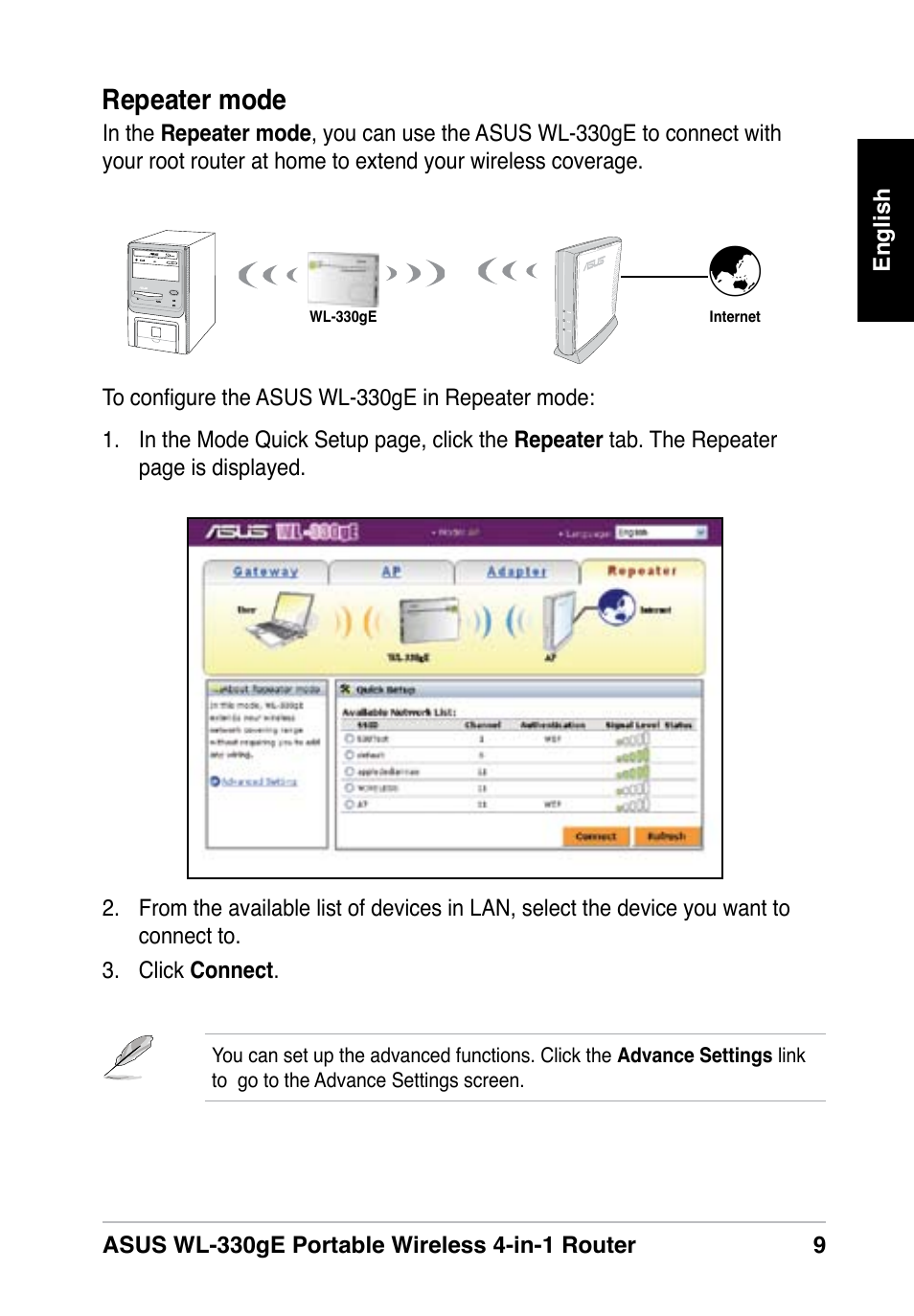 Repeater mode | Asus WL-330gE User Manual | Page 9 / 10