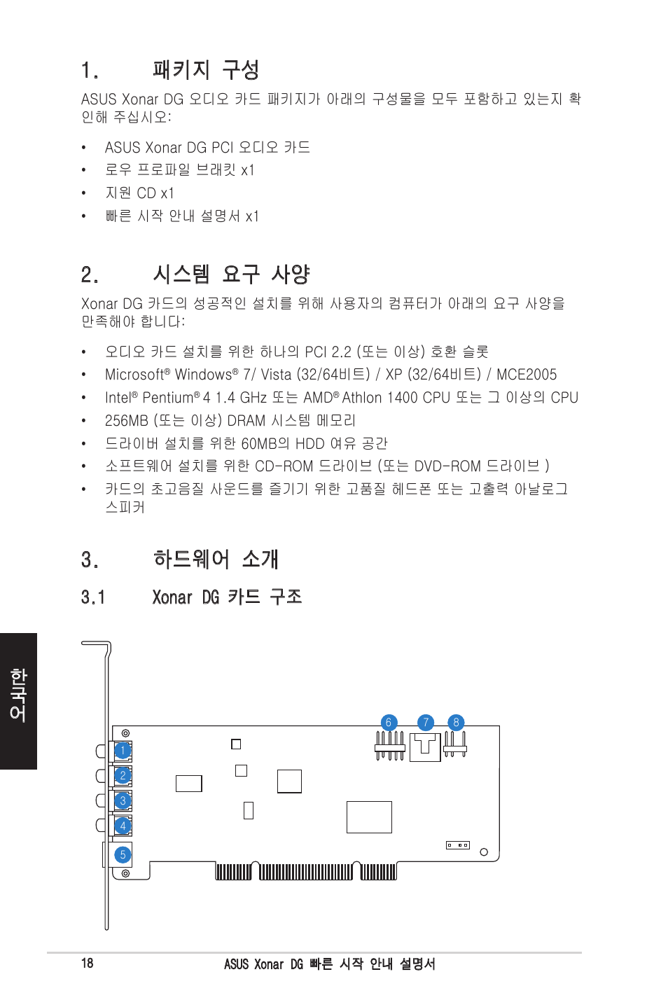 패키지 구성, 시스템 요구 사양, 하드웨어 소개 | 1 xonar dg 카드 구조 | Asus Xonar DG User Manual | Page 18 / 32