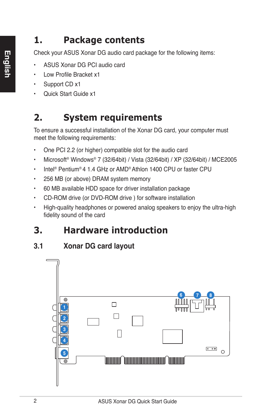 Package contents, System requirements, Hardware introduction | English, 1 xonar dg card layout | Asus Xonar DG User Manual | Page 2 / 32