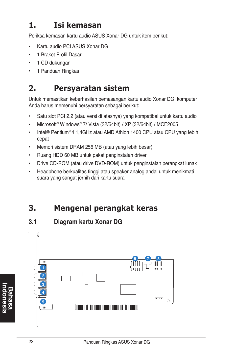 Isi kemasan, Persyaratan sistem, Mengenal perangkat keras | Bahasa indonesia, 1 diagram kartu xonar dg | Asus Xonar DG User Manual | Page 22 / 32