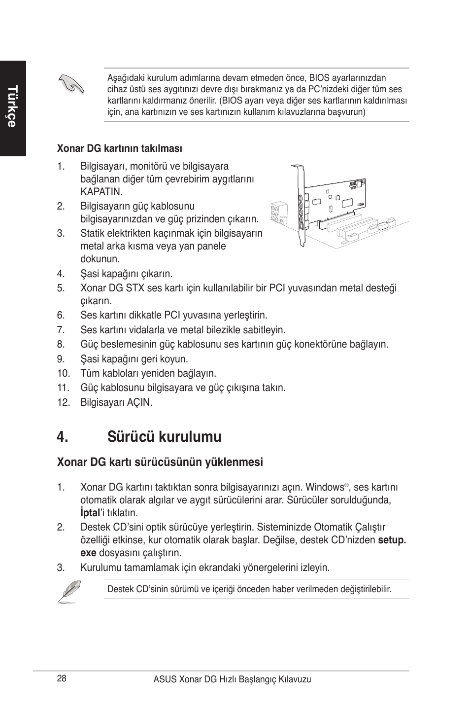 Sürücü kurulumu, Türkçe, Xonar dg kartı sürücüsünün yüklenmesi | Asus Xonar DG User Manual | Page 28 / 32