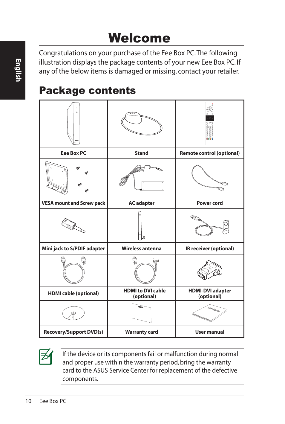 Welcome, Package contents, English | Asus B206 User Manual | Page 10 / 104