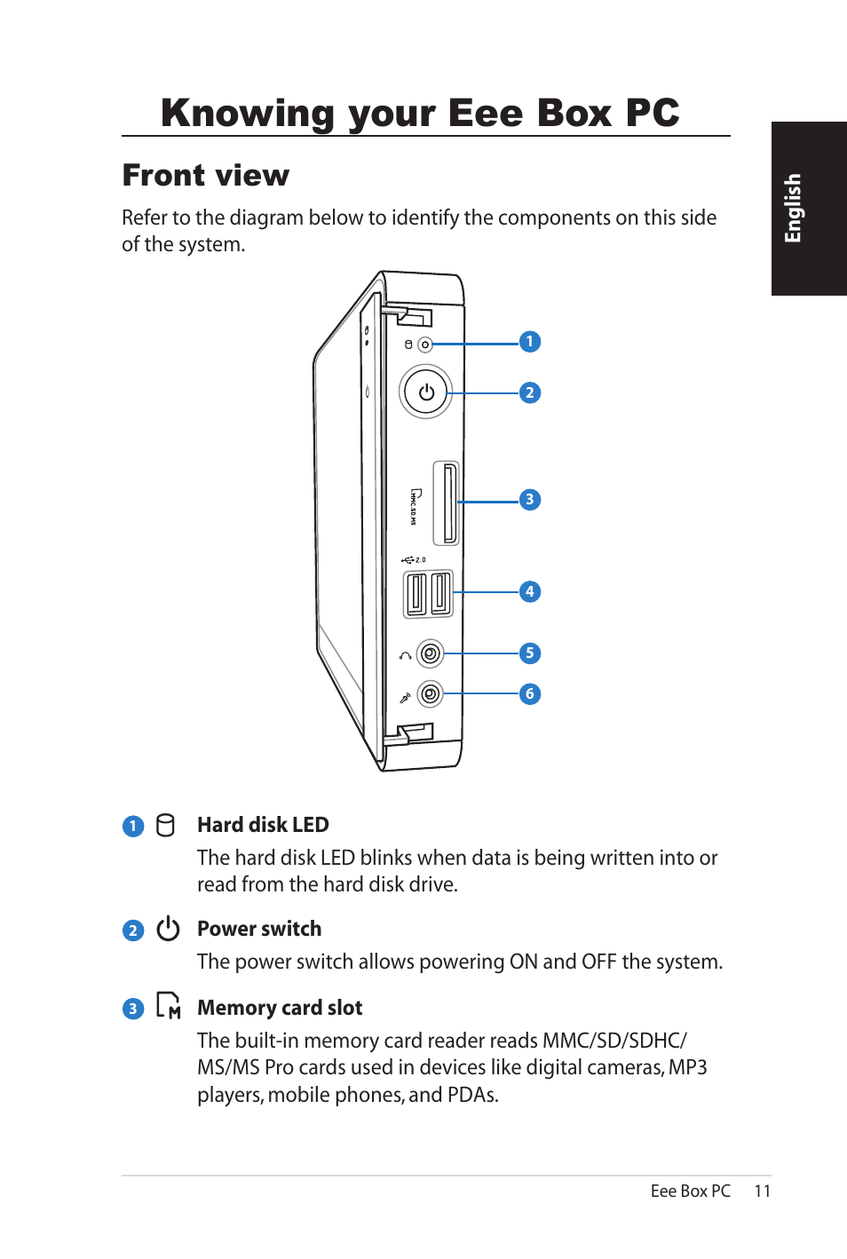 Knowing your eee box pc, Front view | Asus B206 User Manual | Page 11 / 104