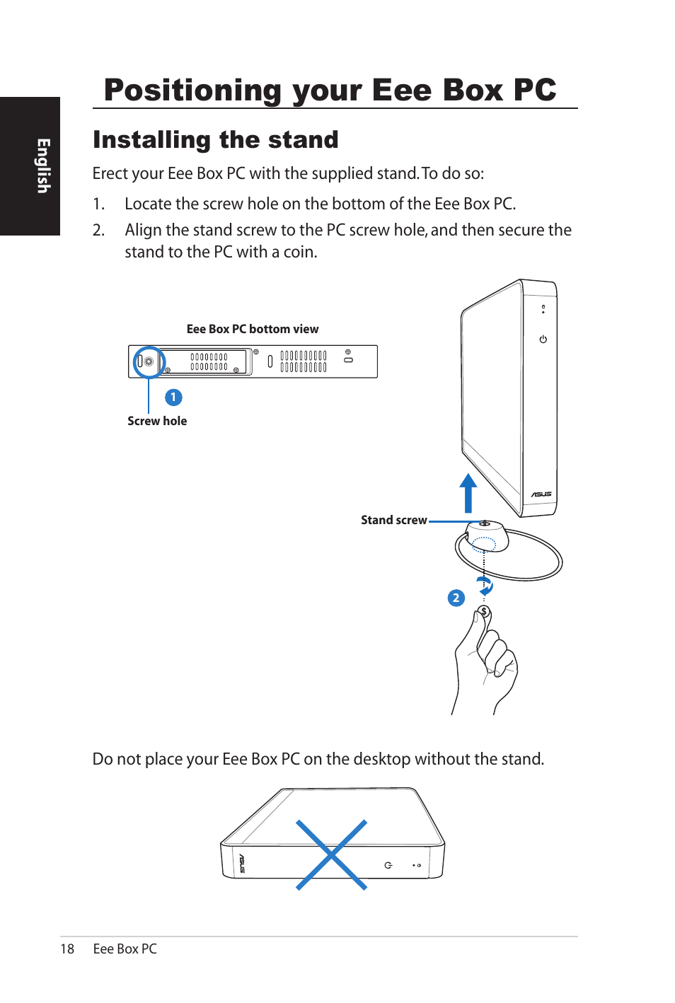 Positioning your eee box pc, Installing the stand | Asus B206 User Manual | Page 18 / 104