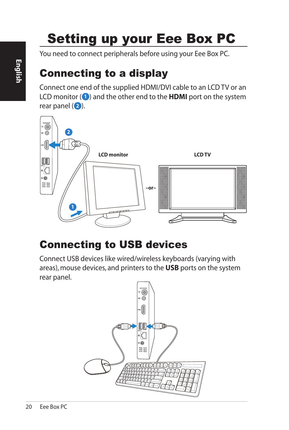 Setting up your eee box pc, Connecting to a display, Connecting to usb devices | Connecting to a display connecting to usb devices | Asus B206 User Manual | Page 20 / 104
