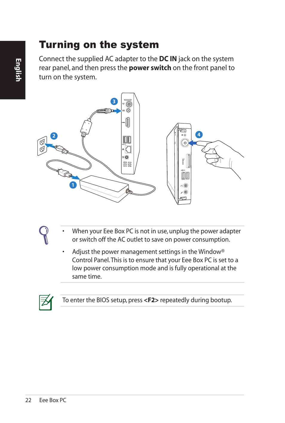 Turning on the system | Asus B206 User Manual | Page 22 / 104