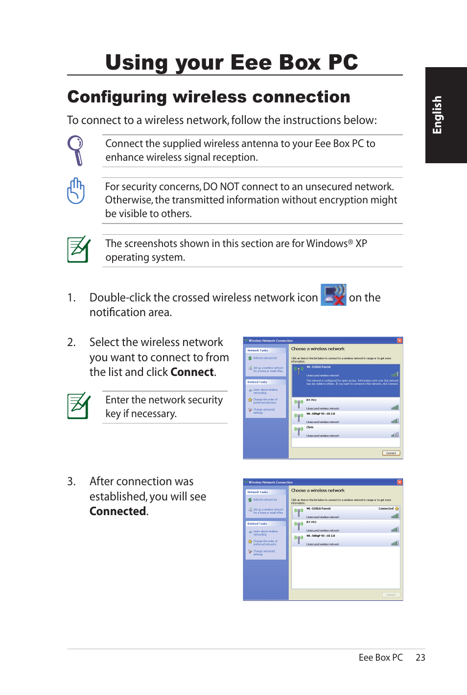Using your eee box pc, Configuring wireless connection | Asus B206 User Manual | Page 23 / 104