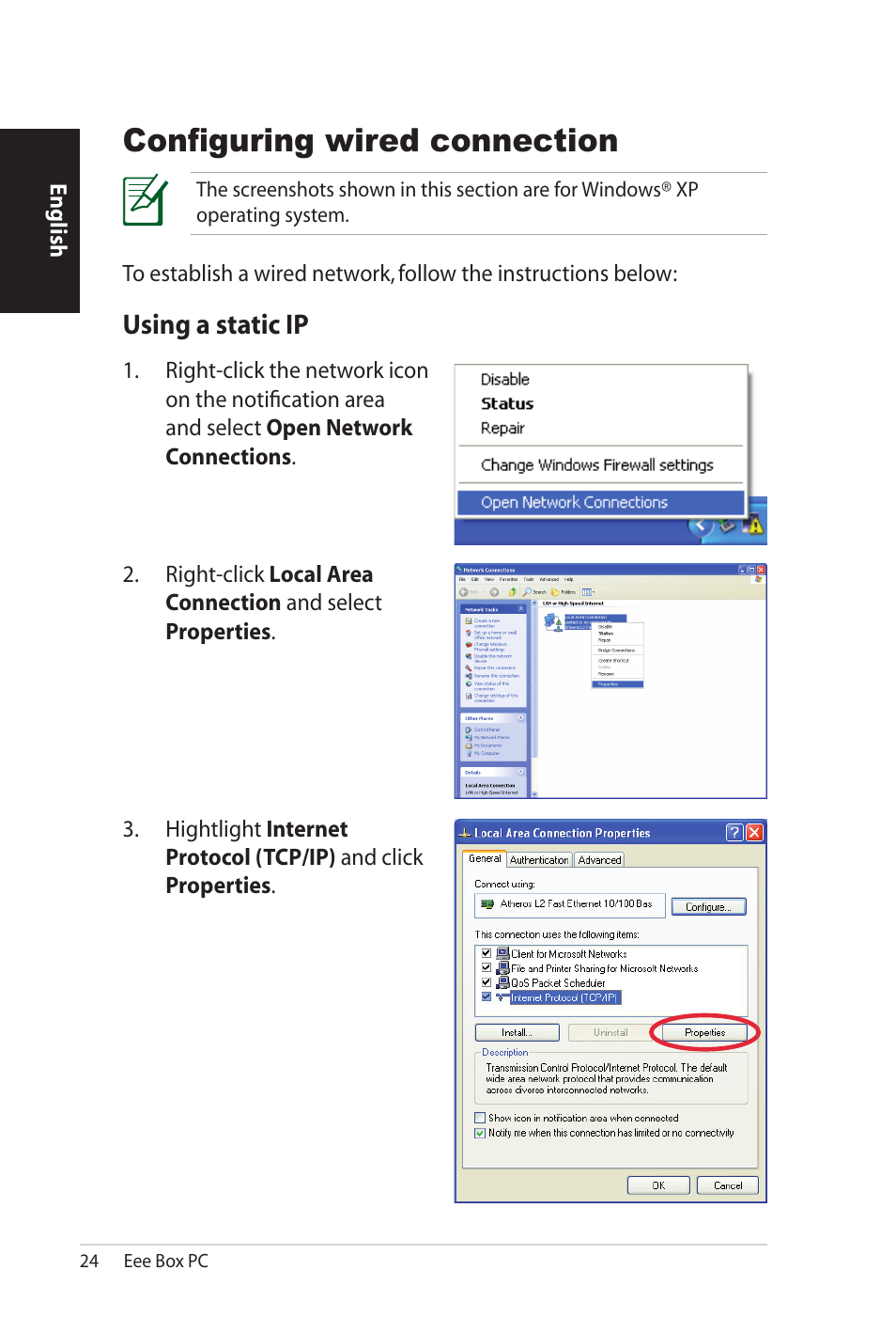 Configuring wired connection, Using a static ip | Asus B206 User Manual | Page 24 / 104