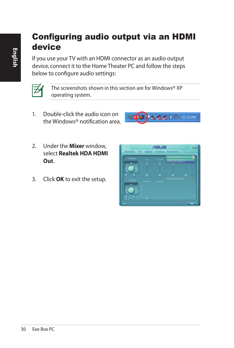 Configuring audio output via an hdmi device | Asus B206 User Manual | Page 30 / 104