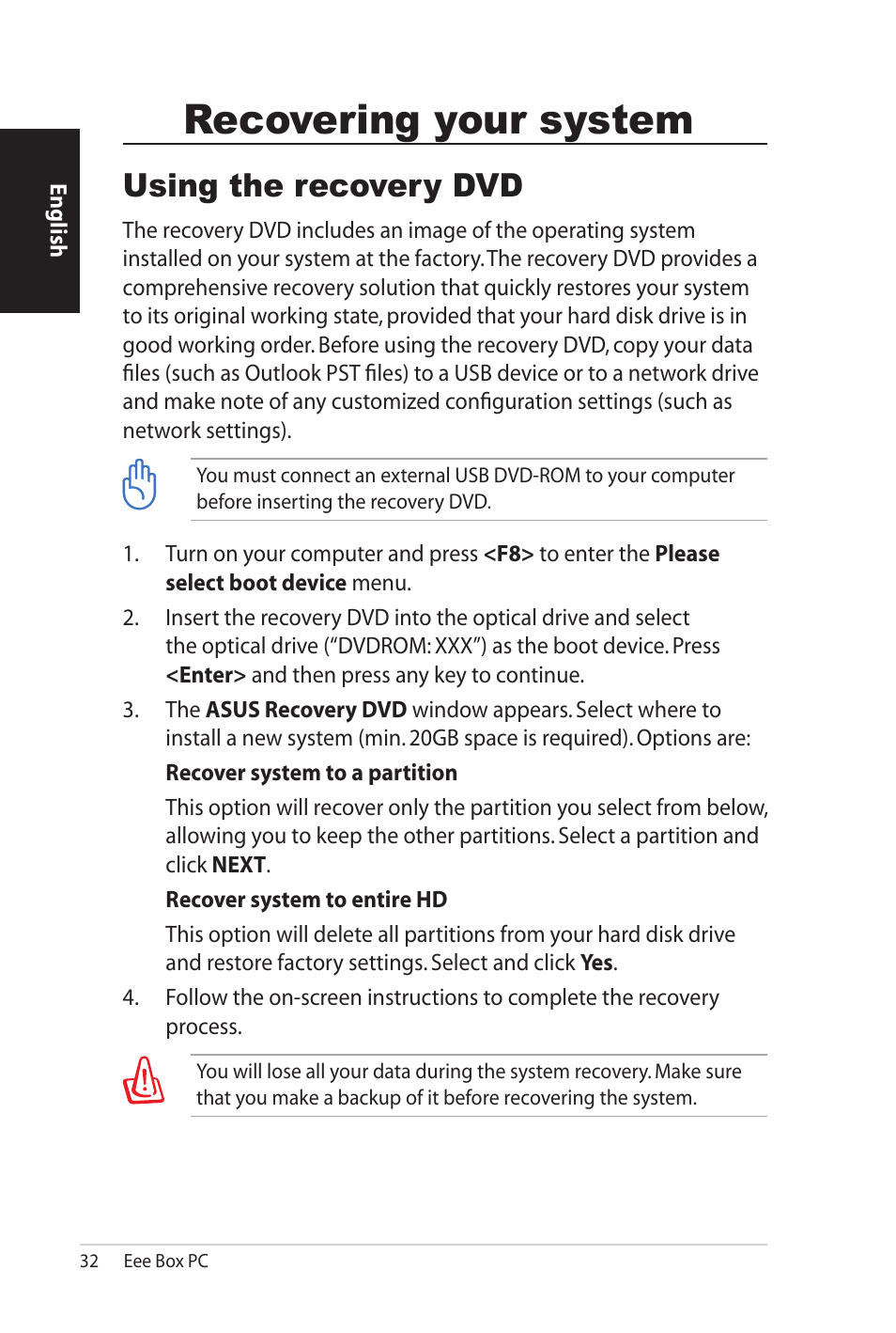 Recovering your system, Using the recovery dvd | Asus B206 User Manual | Page 32 / 104