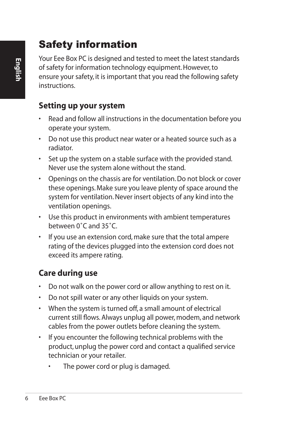 Safety information, Setting up your system, Care during use | Asus B206 User Manual | Page 6 / 104