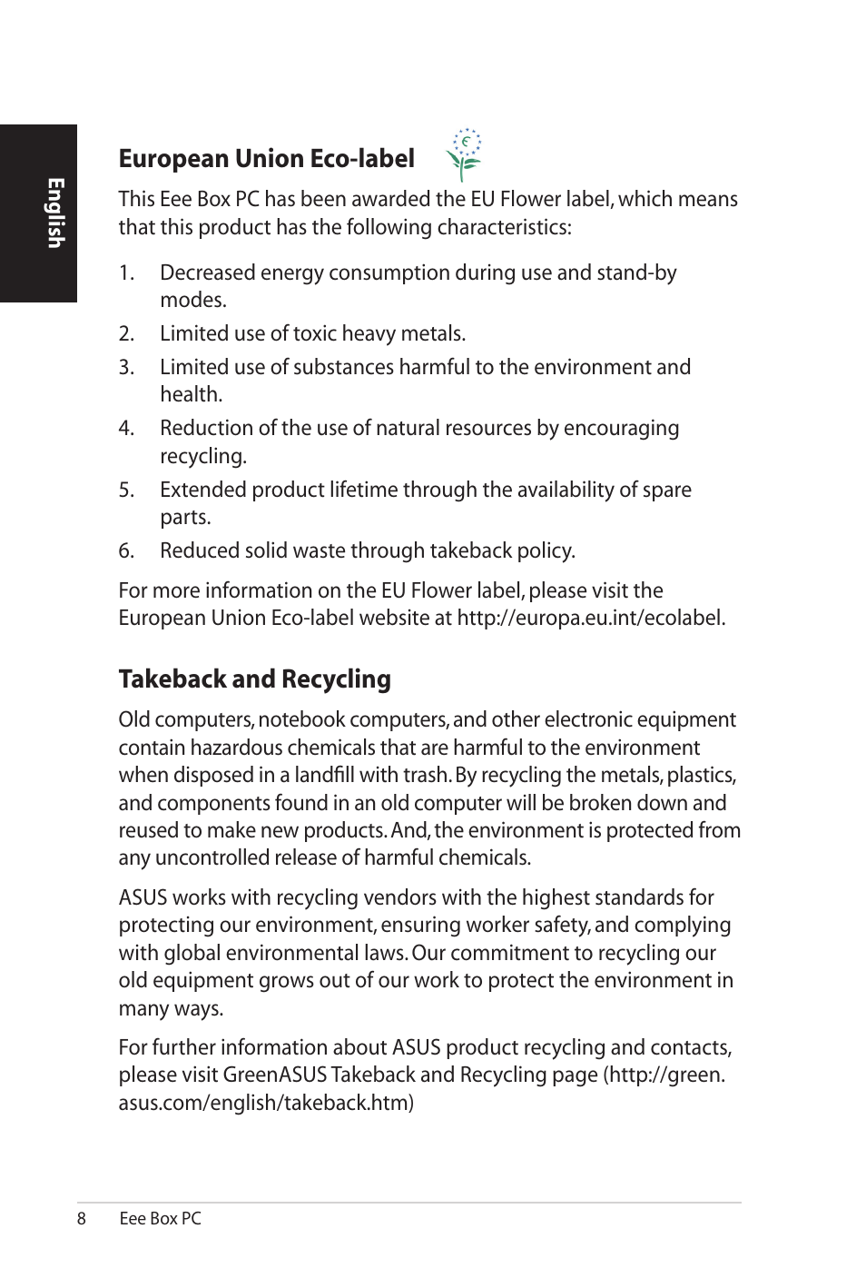 European union eco-label, Takeback and recycling | Asus B206 User Manual | Page 8 / 104