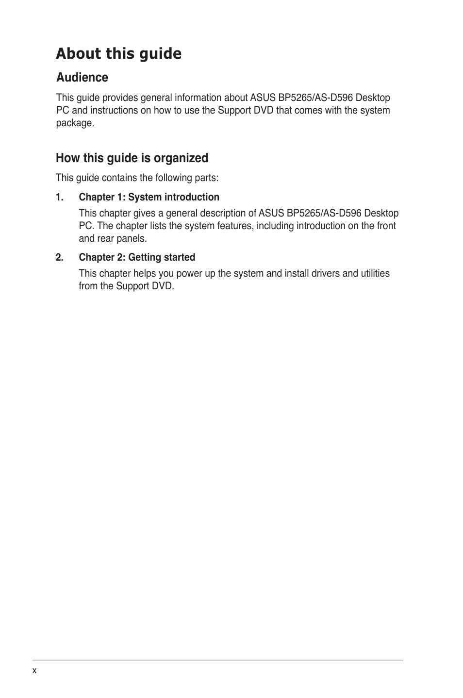 About this guide, How this guide is organized, Audience | Asus BP5265 User Manual | Page 10 / 76
