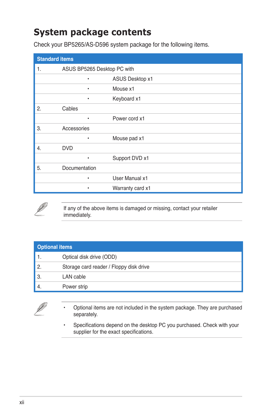 System package contents | Asus BP5265 User Manual | Page 12 / 76