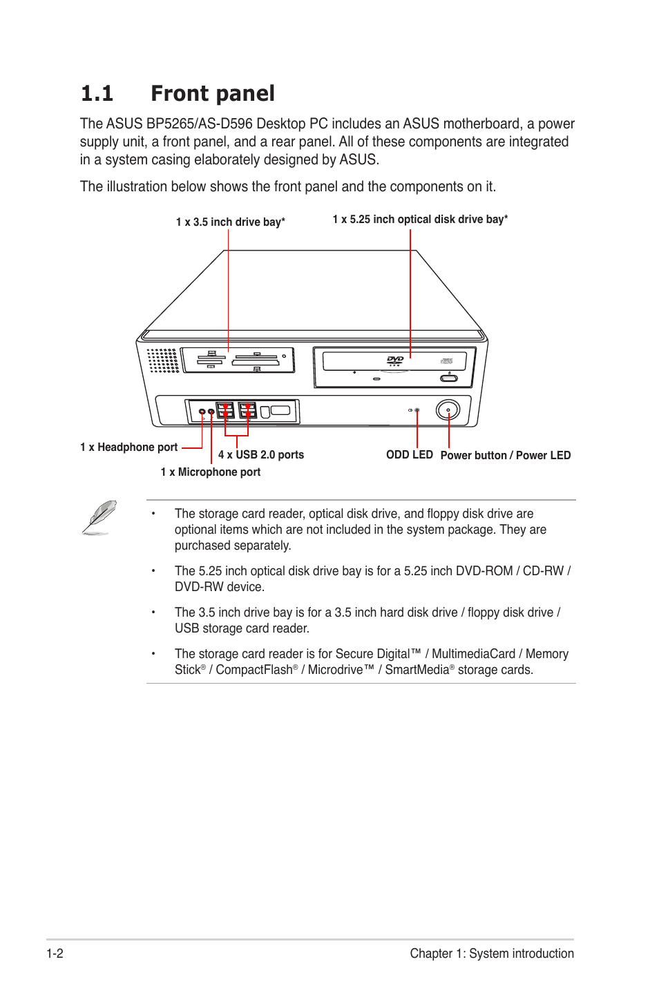 1 front panel | Asus BP5265 User Manual | Page 14 / 76
