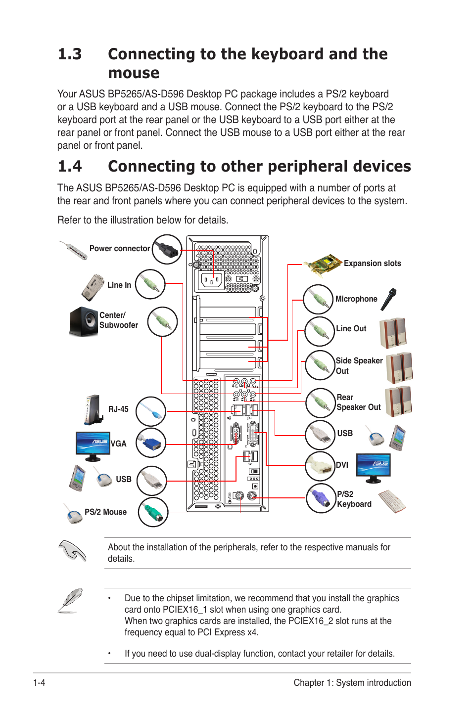 3 connecting to the keyboard and the mouse, 4 connecting to other peripheral devices | Asus BP5265 User Manual | Page 16 / 76