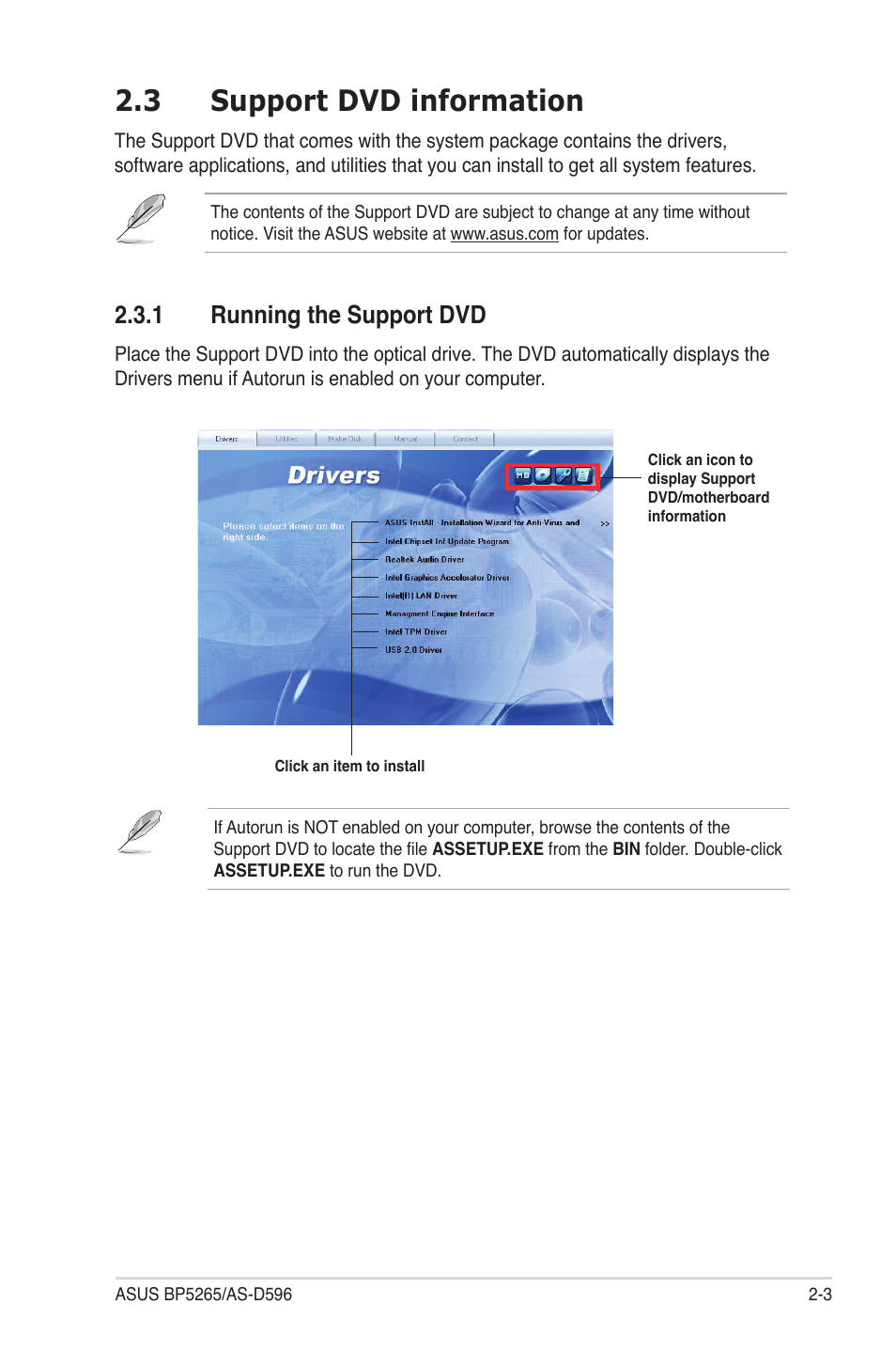 3 support dvd information, 1 running the support dvd | Asus BP5265 User Manual | Page 19 / 76