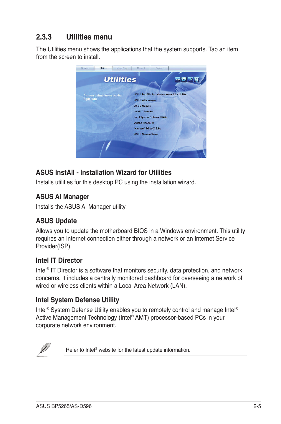 3 utilities menu, Asus install - installation wizard for utilities, Asus ai manager | Asus update, Intel it director, Intel system defense utility | Asus BP5265 User Manual | Page 21 / 76