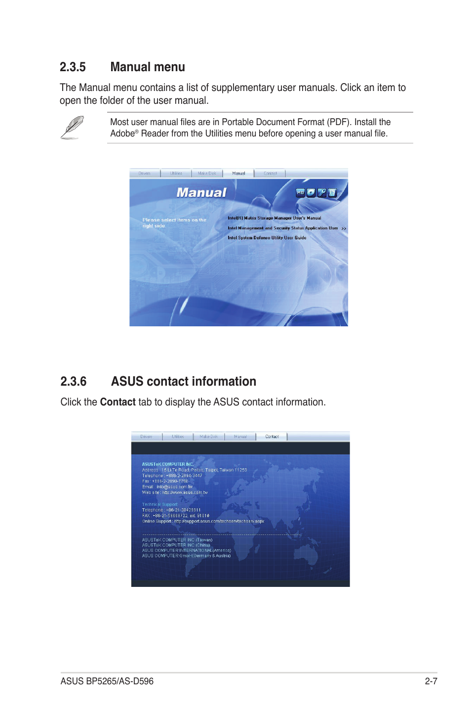 6 asus contact information, 5 manual menu | Asus BP5265 User Manual | Page 23 / 76