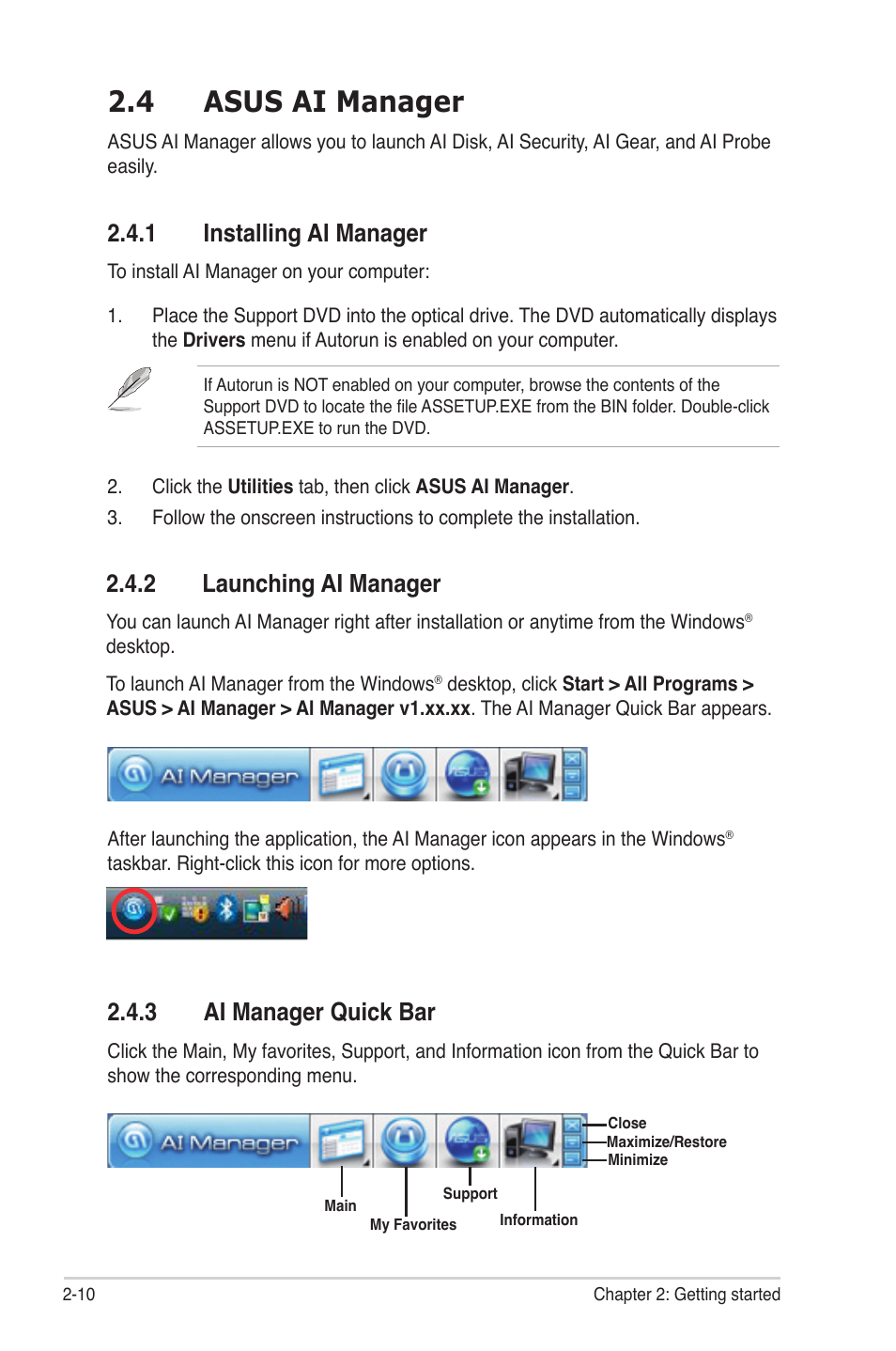 4 asus ai manager, 1 installing ai manager, 2 launching ai manager | 3 ai manager quick bar | Asus BP5265 User Manual | Page 26 / 76