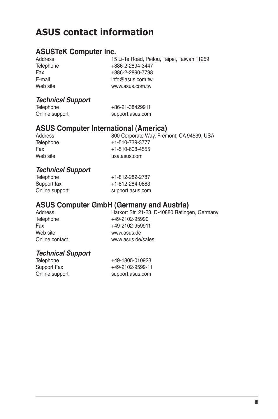 Asus contact information, Asustek computer inc, Asus computer international (america) | Asus computer gmbh (germany and austria), Technical support | Asus BP5265 User Manual | Page 3 / 76