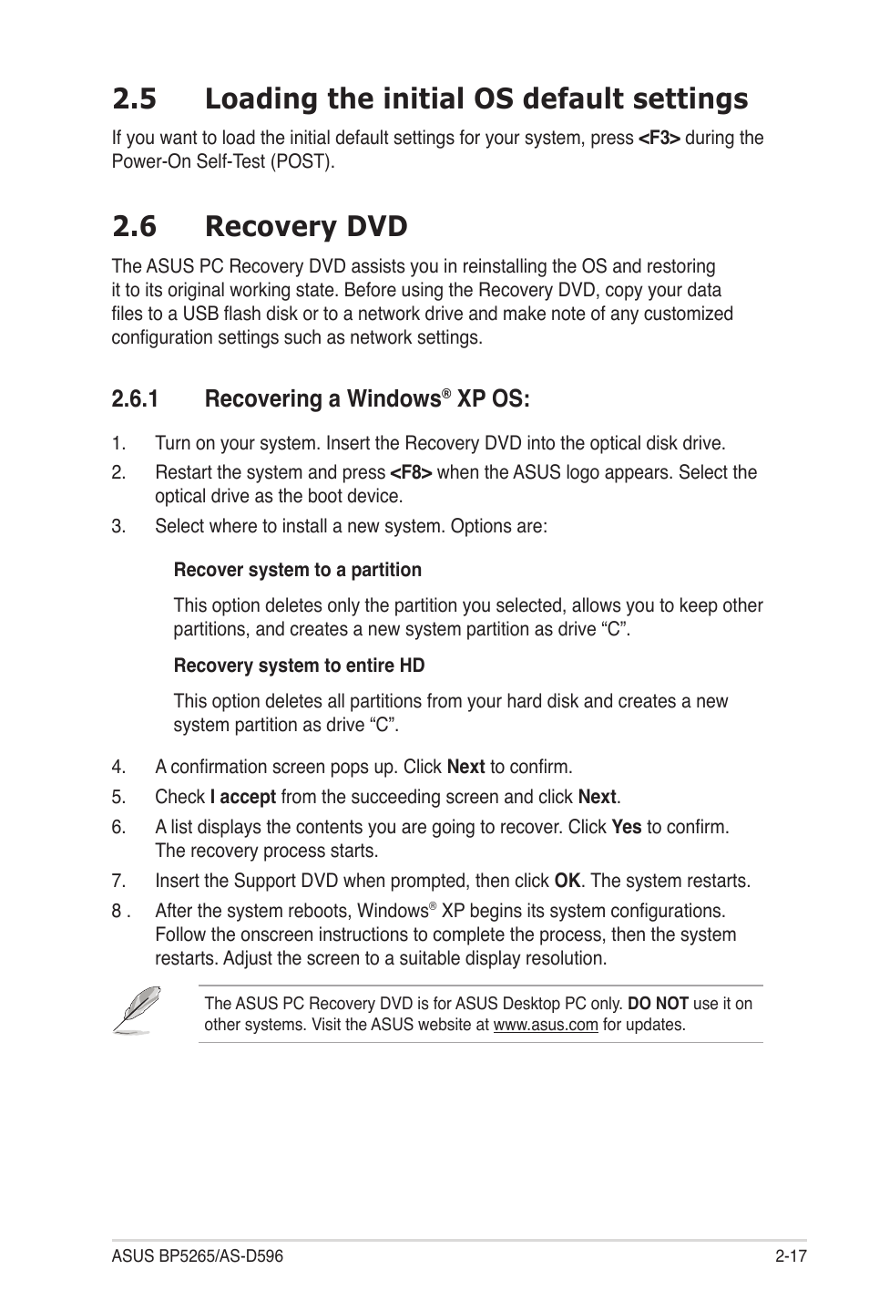 6 recovery dvd, 5 loading the initial os default settings, 1 recovering a windows | Xp os | Asus BP5265 User Manual | Page 33 / 76