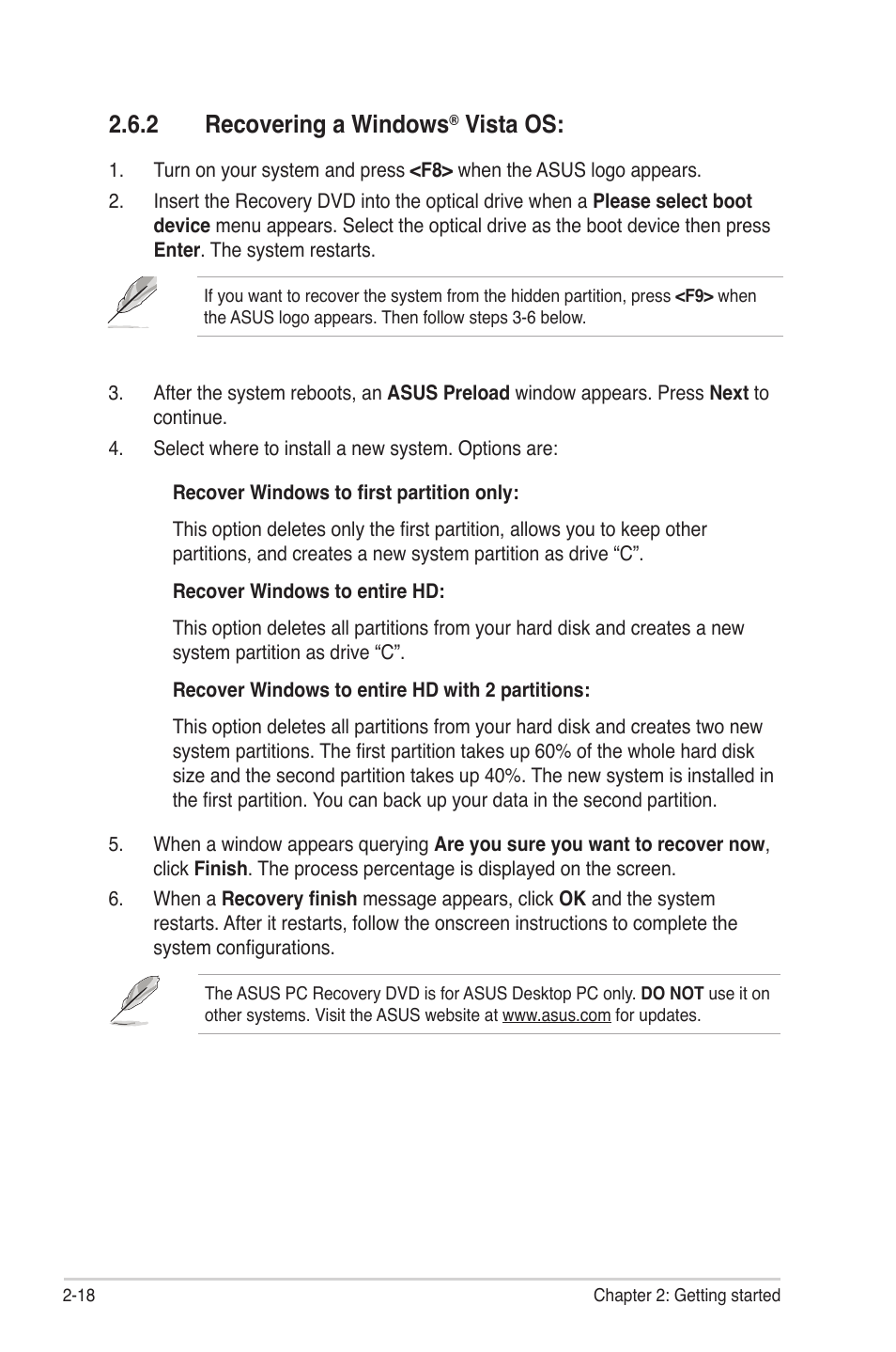 2 recovering a windows, Vista os | Asus BP5265 User Manual | Page 34 / 76