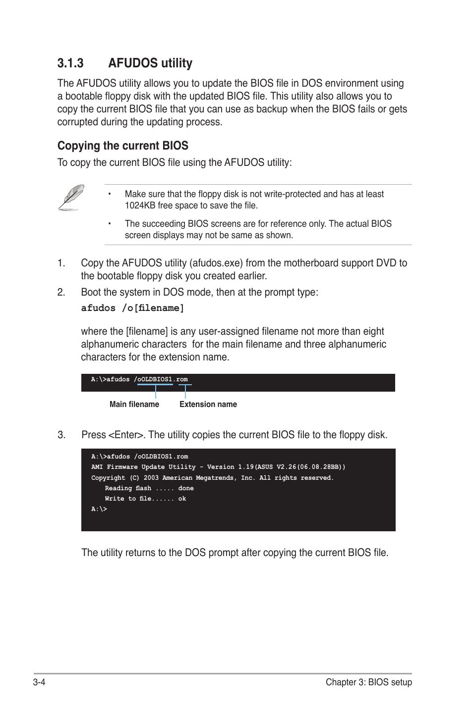 3 afudos utility, Copying the current bios | Asus BP5265 User Manual | Page 38 / 76
