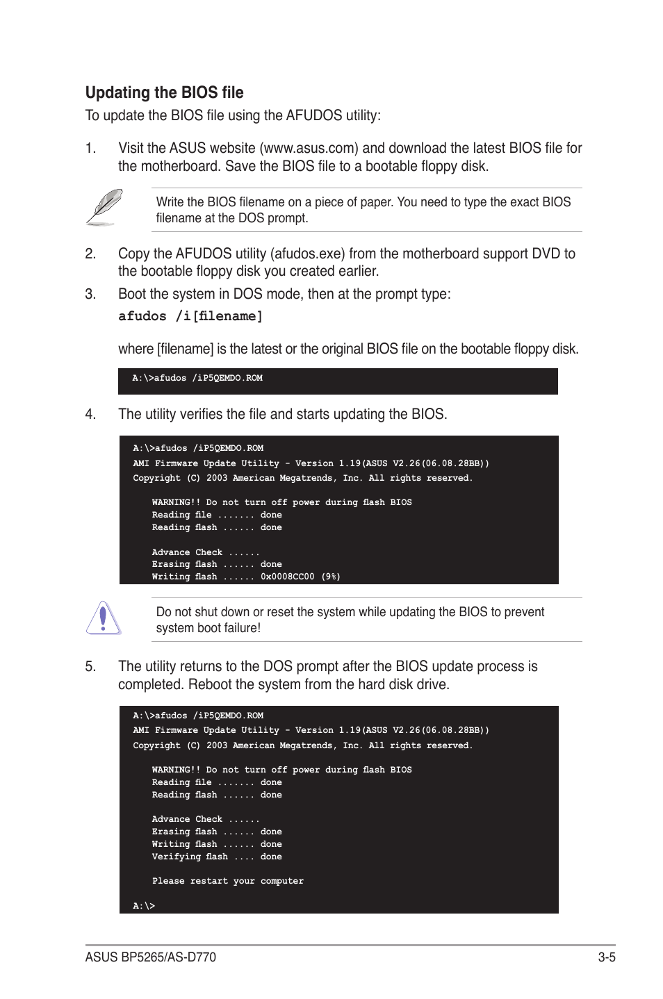 Updating the bios file | Asus BP5265 User Manual | Page 39 / 76