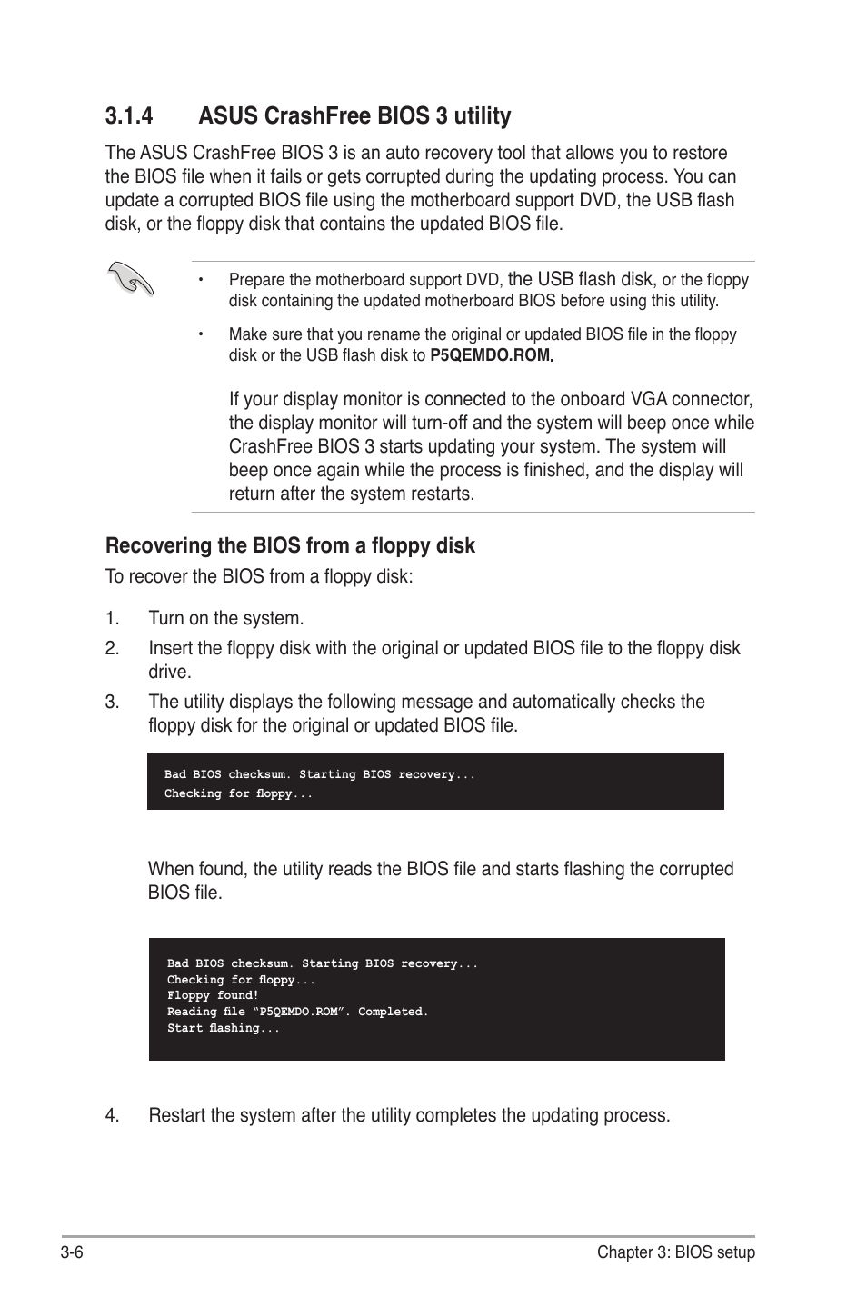 4 asus crashfree bios 3 utility, Recovering the bios from a floppy disk | Asus BP5265 User Manual | Page 40 / 76