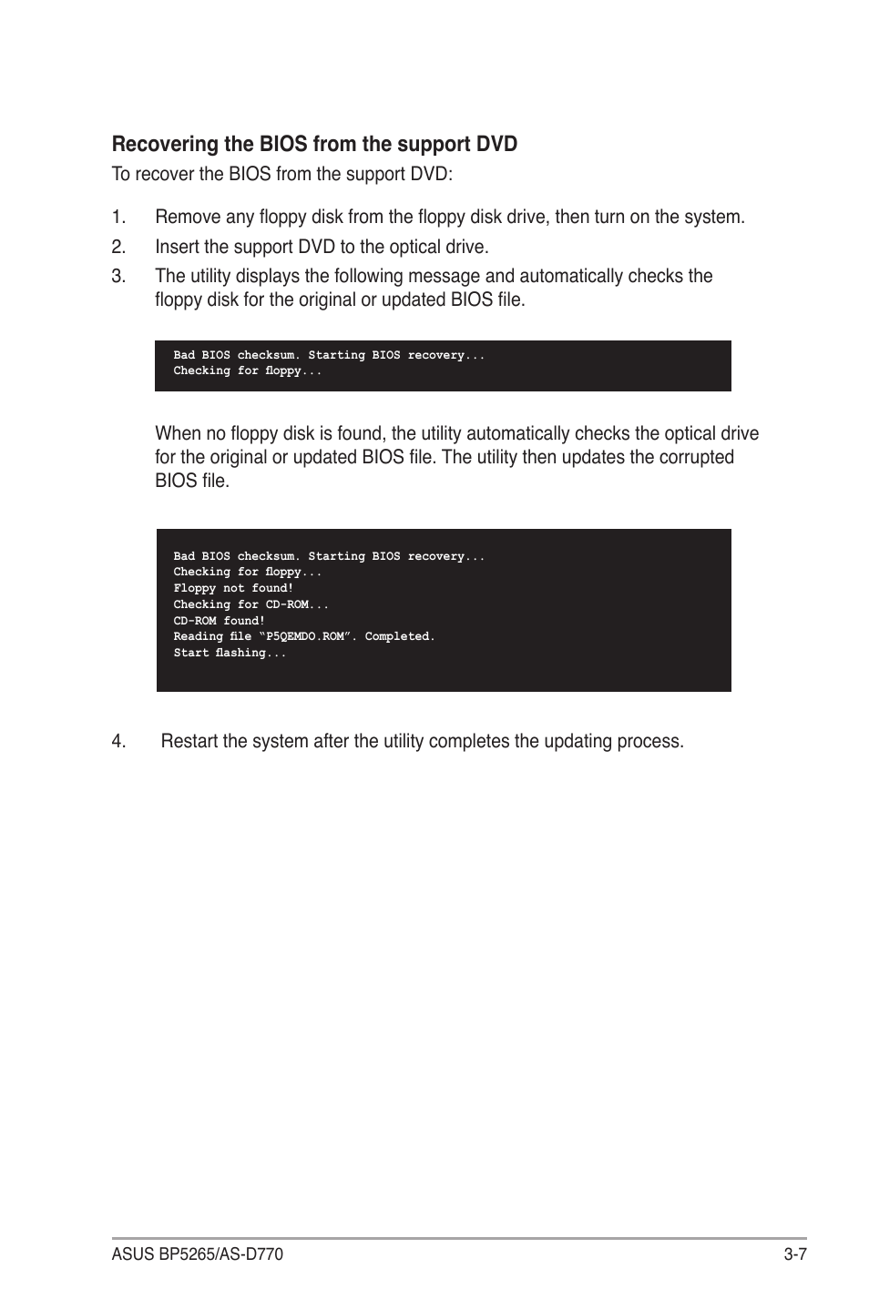 Recovering the bios from the support dvd | Asus BP5265 User Manual | Page 41 / 76