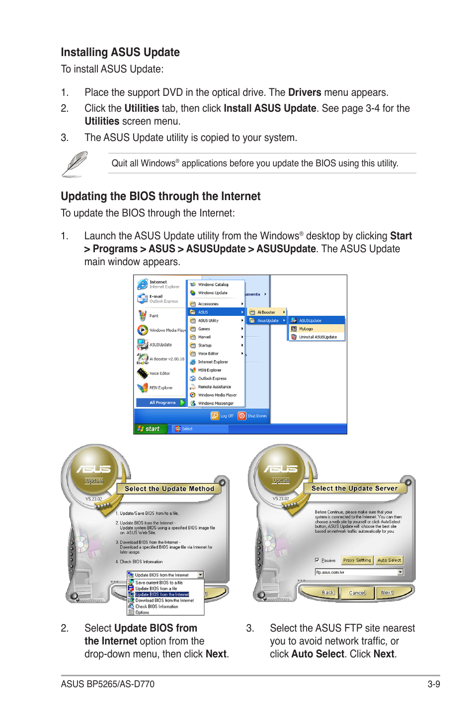 Installing asus update, Updating the bios through the internet | Asus BP5265 User Manual | Page 43 / 76