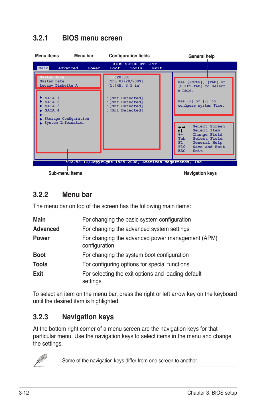 2 menu bar, 1 bios menu screen, 3 navigation keys | Asus BP5265 User Manual | Page 46 / 76