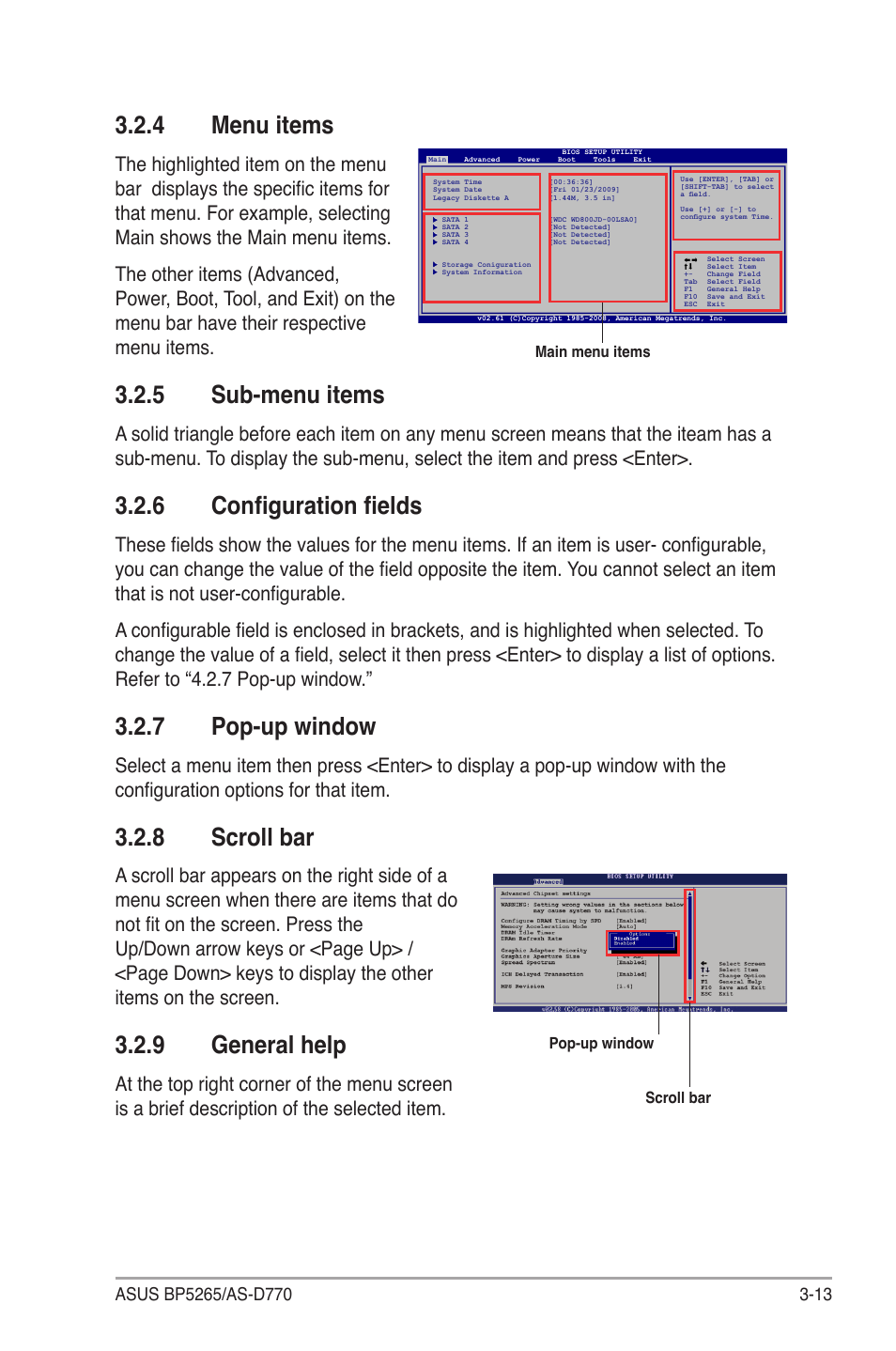 4 menu items, 5 sub-menu items, 6 configuration fields | 7 pop-up window, 8 scroll bar, 9 general help | Asus BP5265 User Manual | Page 47 / 76
