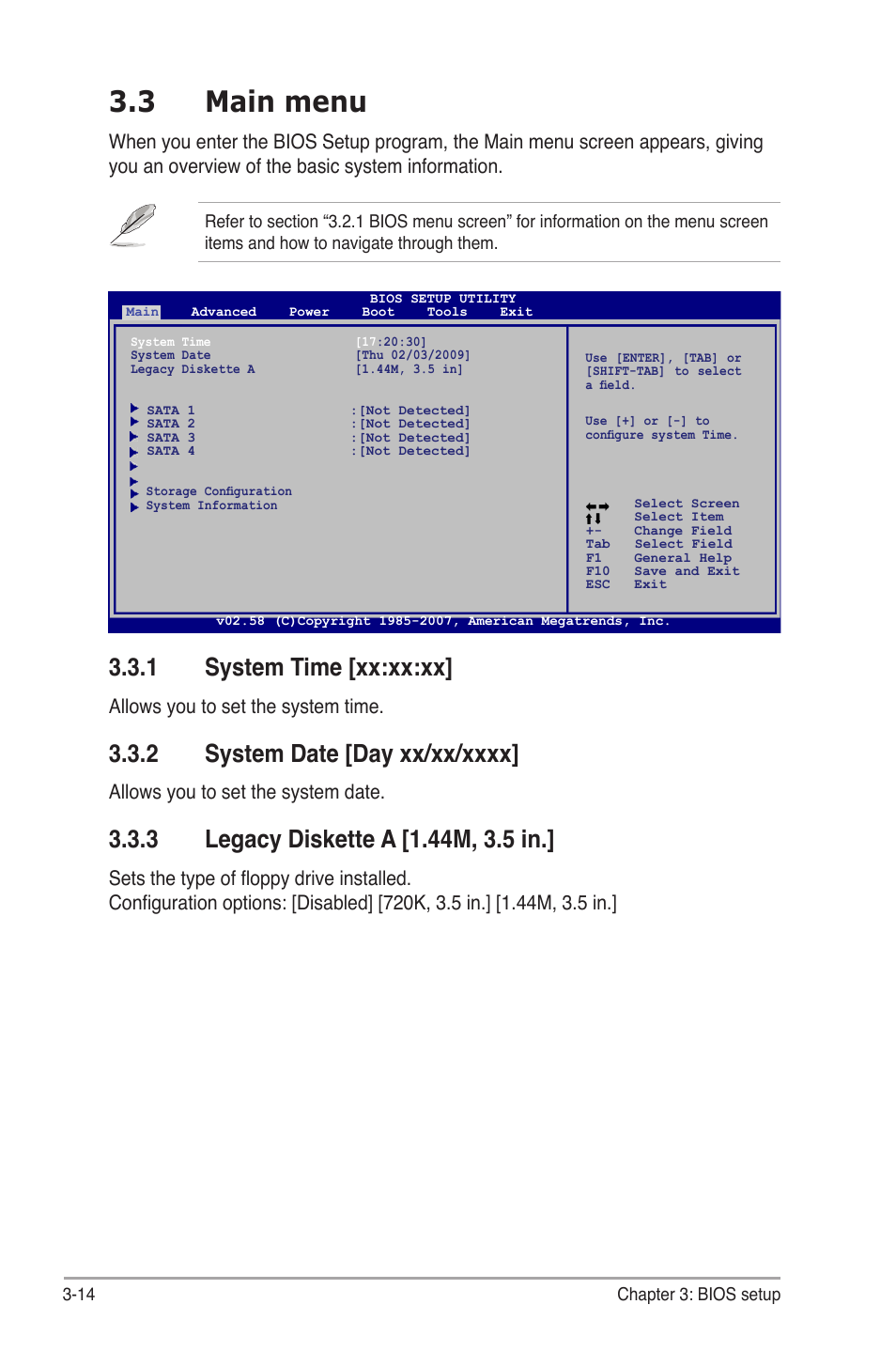 3 main menu, 1 system time [xx:xx:xx, Allows you to set the system time | Allows you to set the system date | Asus BP5265 User Manual | Page 48 / 76