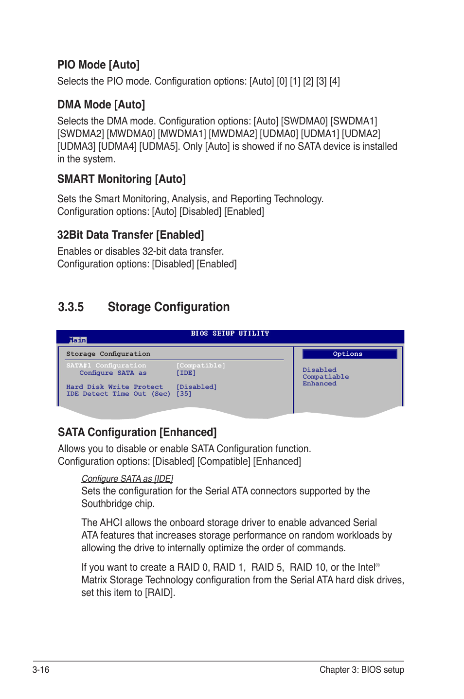 5 storage configuration, Pio mode [auto, Dma mode [auto | Smart monitoring [auto, 32bit data transfer [enabled, Sata configuration [enhanced | Asus BP5265 User Manual | Page 50 / 76