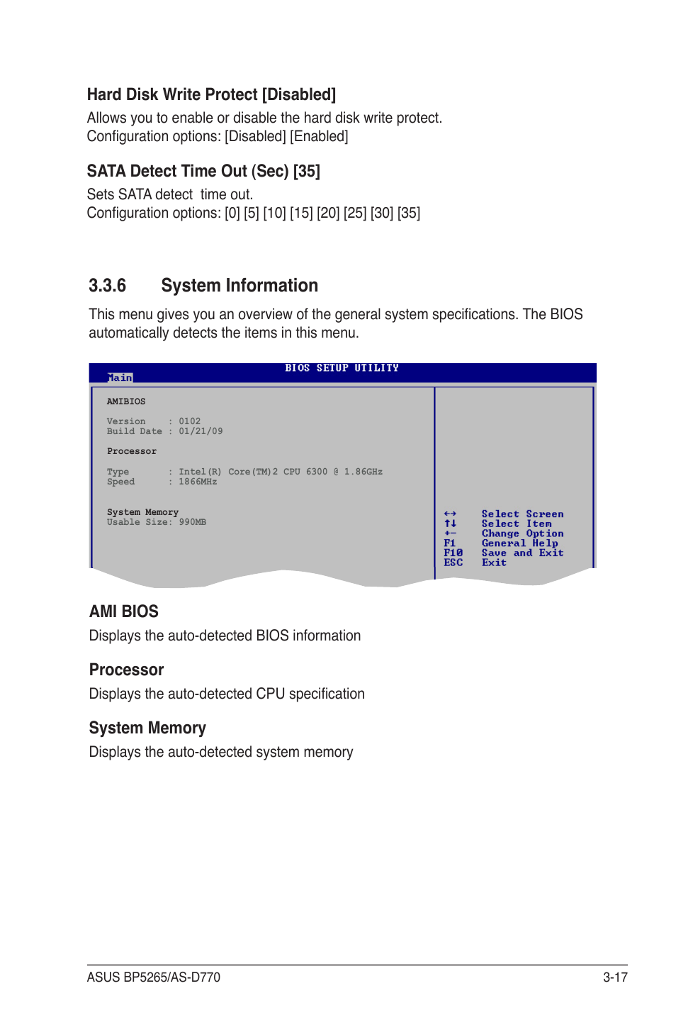 6 system information, Ami bios, Processor | Hard disk write protect [disabled, Sata detect time out (sec) [35 | Asus BP5265 User Manual | Page 51 / 76